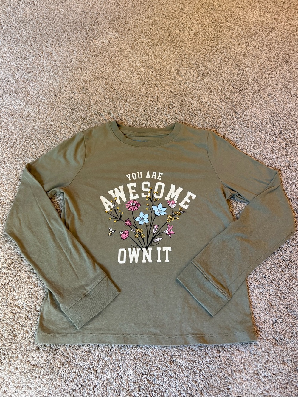 Green Long Sleeve Tee, Positive Message motif, Kids L( 14)